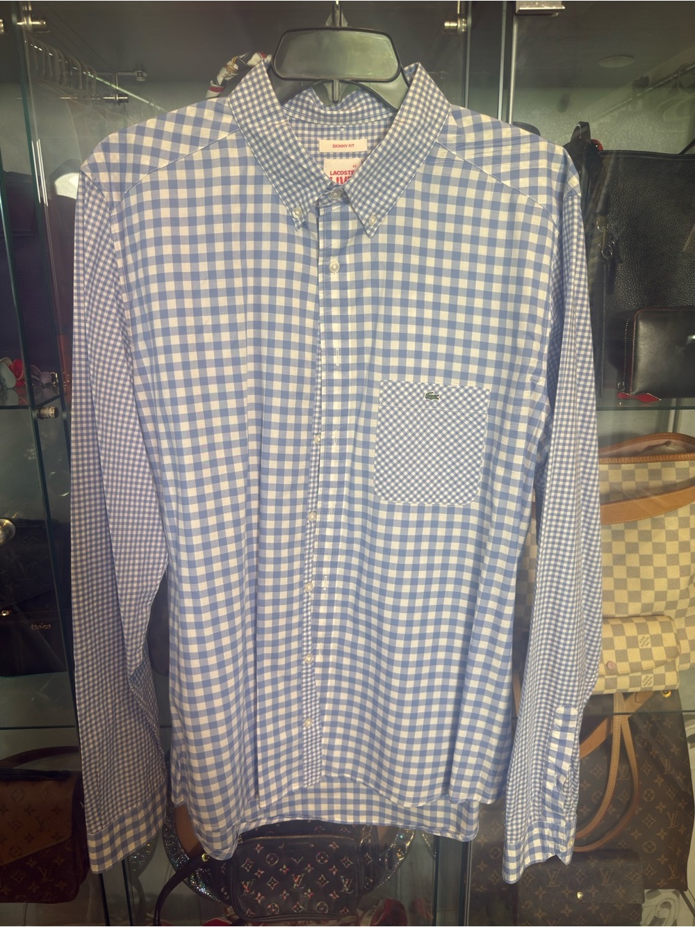 Lacoste Light Blue and White Gingham Button-Down Shirt